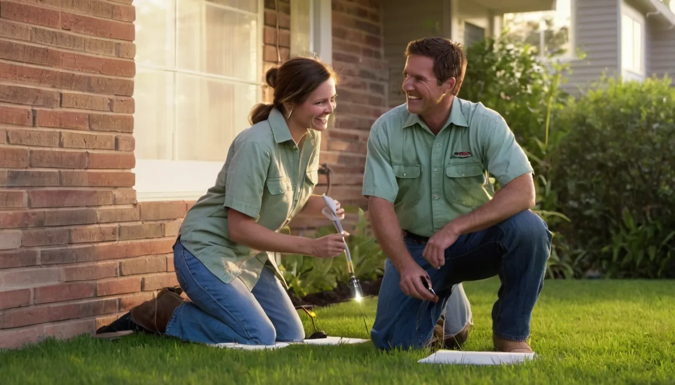 Homeowner pointing out a gap near a door frame to a pest control provider outside a house in Conyers